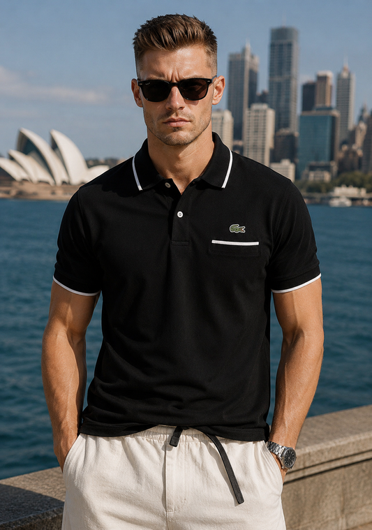 Lacoste Stripe Collar Polo Shirt - Black