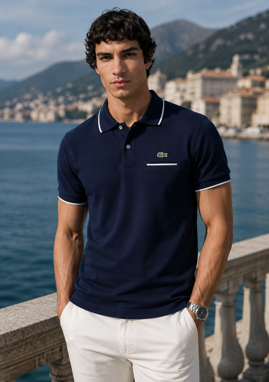 Lacoste Stripe Collar Polo Shirt - Navy Blue