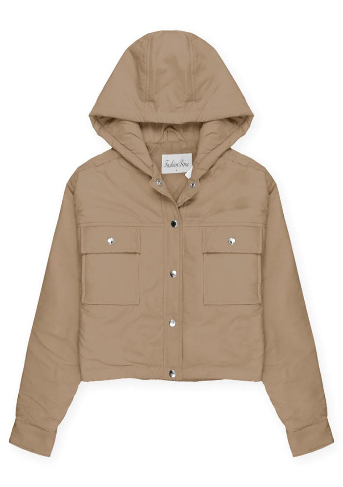 Hooded Full Sleeve Crop Jacket for Women-Beige