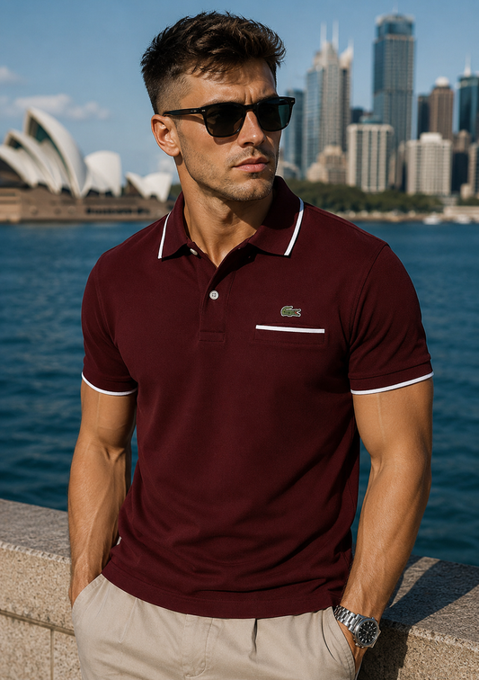 Lacoste Stripe Collar Polo Shirt - Burgundy